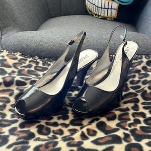 Unlisted Kenneth Cole peep toe sling back black patten leather looking shoe.  9